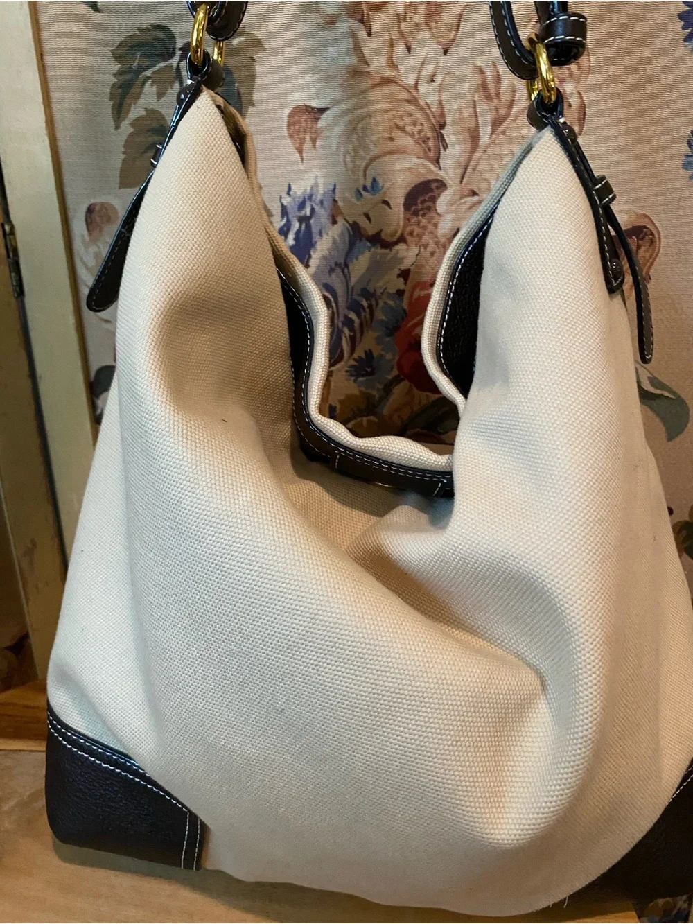 Loewe Cream Canvas Hobo with Black Leather Trim and Anagram